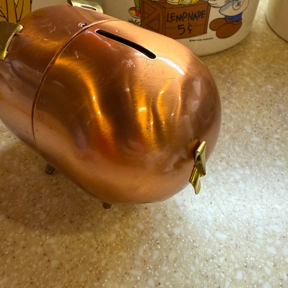 Vintage 1970’s Copper Piggy Bank with Gold Accents Copper Pig - Picture 7 of 13
